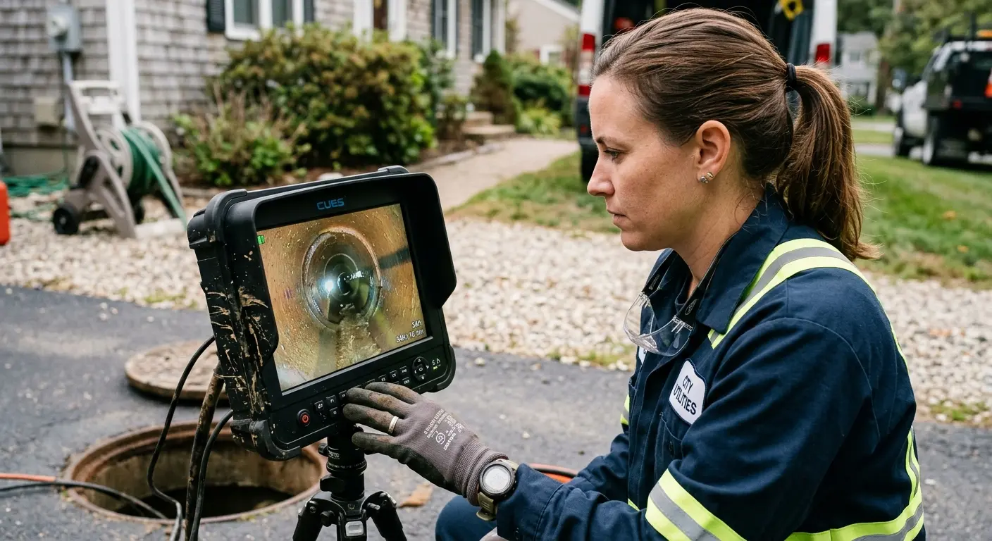 Technician reviewing sewer camera inspection footage in Baldwin