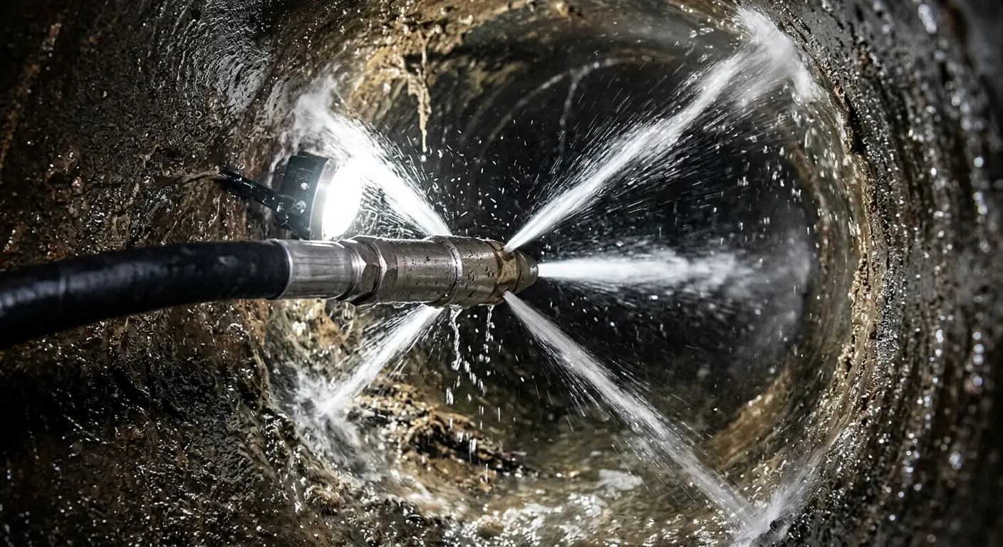 High-pressure hydro jetting nozzle cleaning sewer pipe for Trenchless Sewer Repair in Baldwin