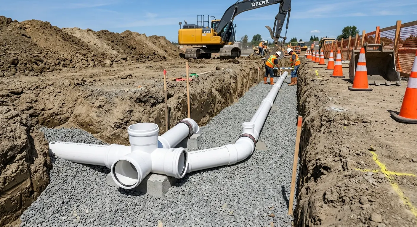 New PVC sewer pipe installation in open trench for Sewer Backup in Baldwin