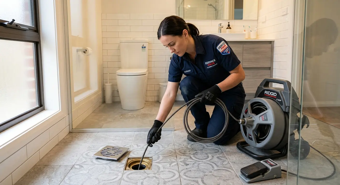 Technician clearing a bathroom floor drain for Clogged Drain Repair in Baldwin